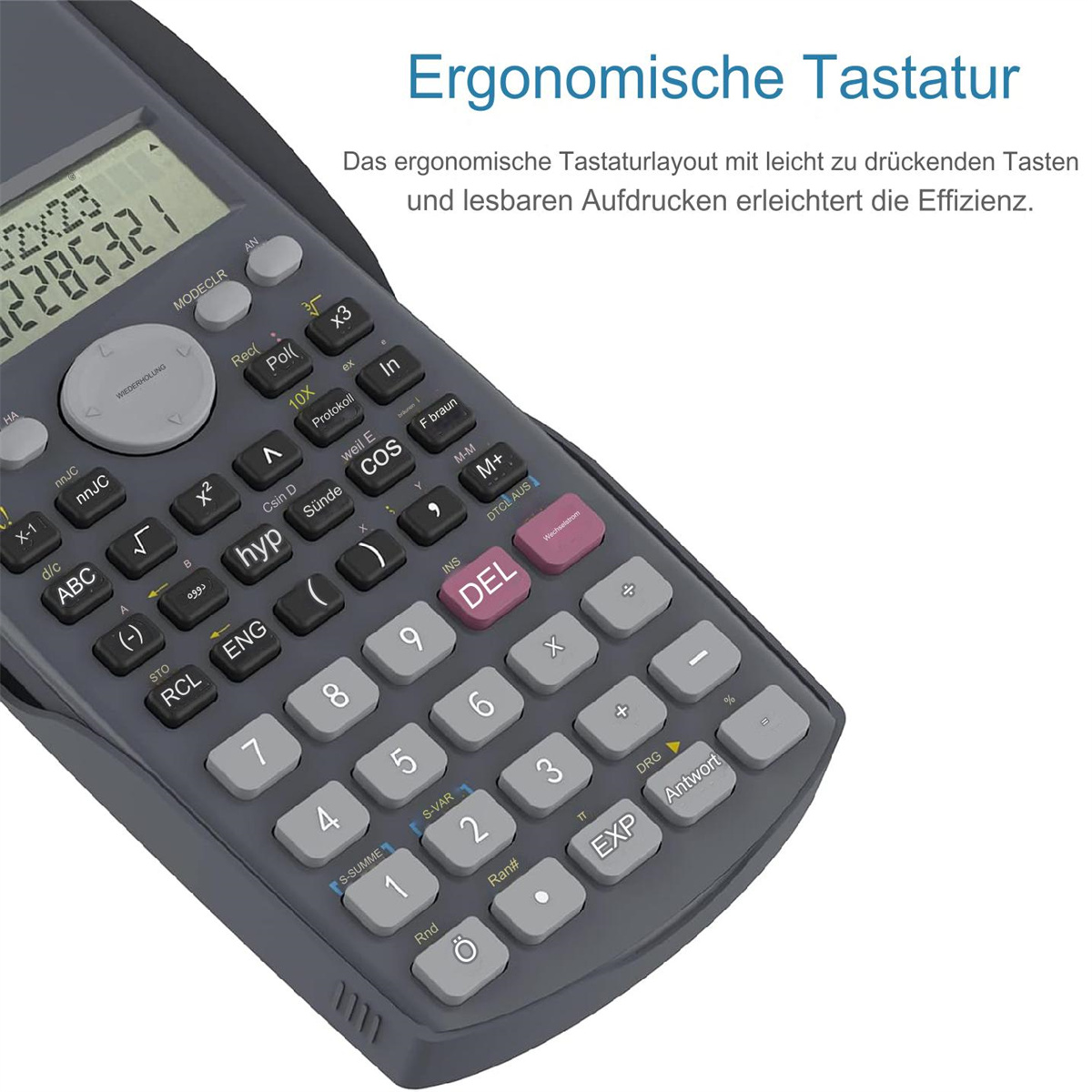 Ein Rechner mit vielen Tasten. Der Rechner ist grau und hat oben eine Digitalanzeige.
