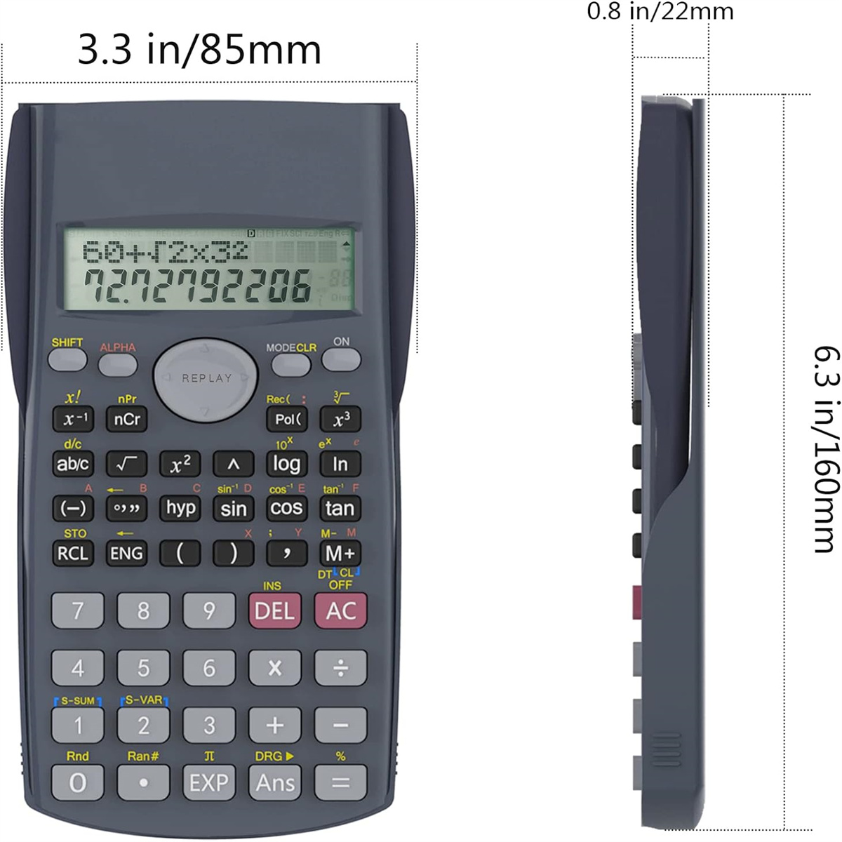 Dunkelgrauer wissenschaftlicher Taschenrechner mit vielen Tasten und Digitalanzeige.
