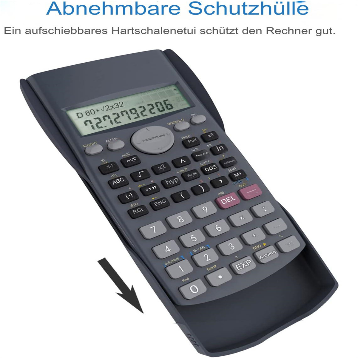 Taschenrechner mit vielen Tasten, mit einem verschiebbaren Gehäuse. Pfeil zeigt die Richtung an.