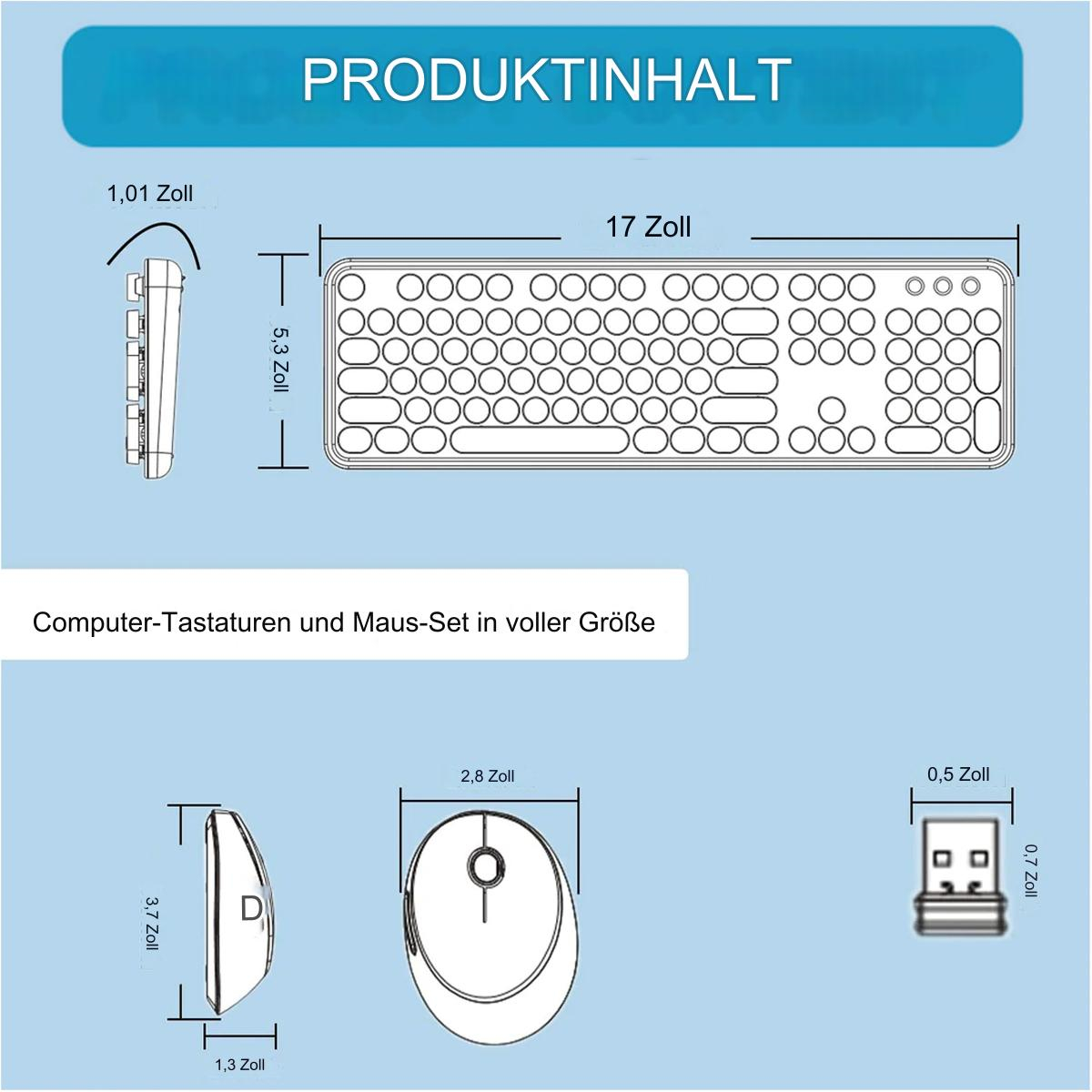 Eine Tastatur, Maus und ein USB-Empfänger mit ihren Abmessungen werden gezeigt.