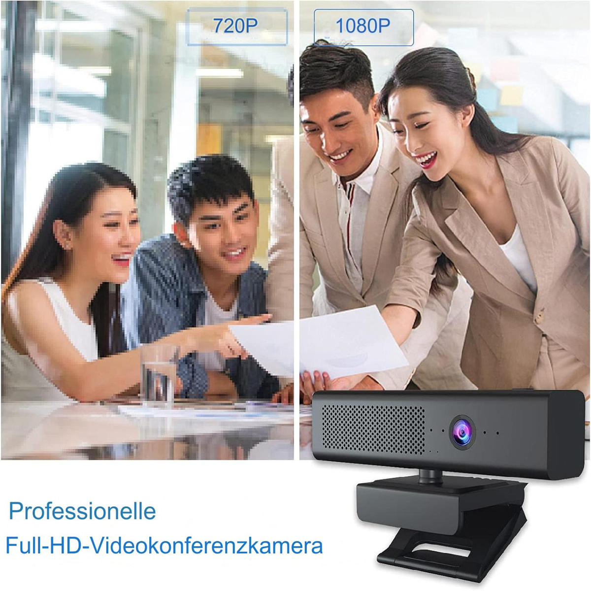 Personen in einem Meeting mit Webcam, Diagramme zeigen 720p und 1080p Auflösungen, Text.