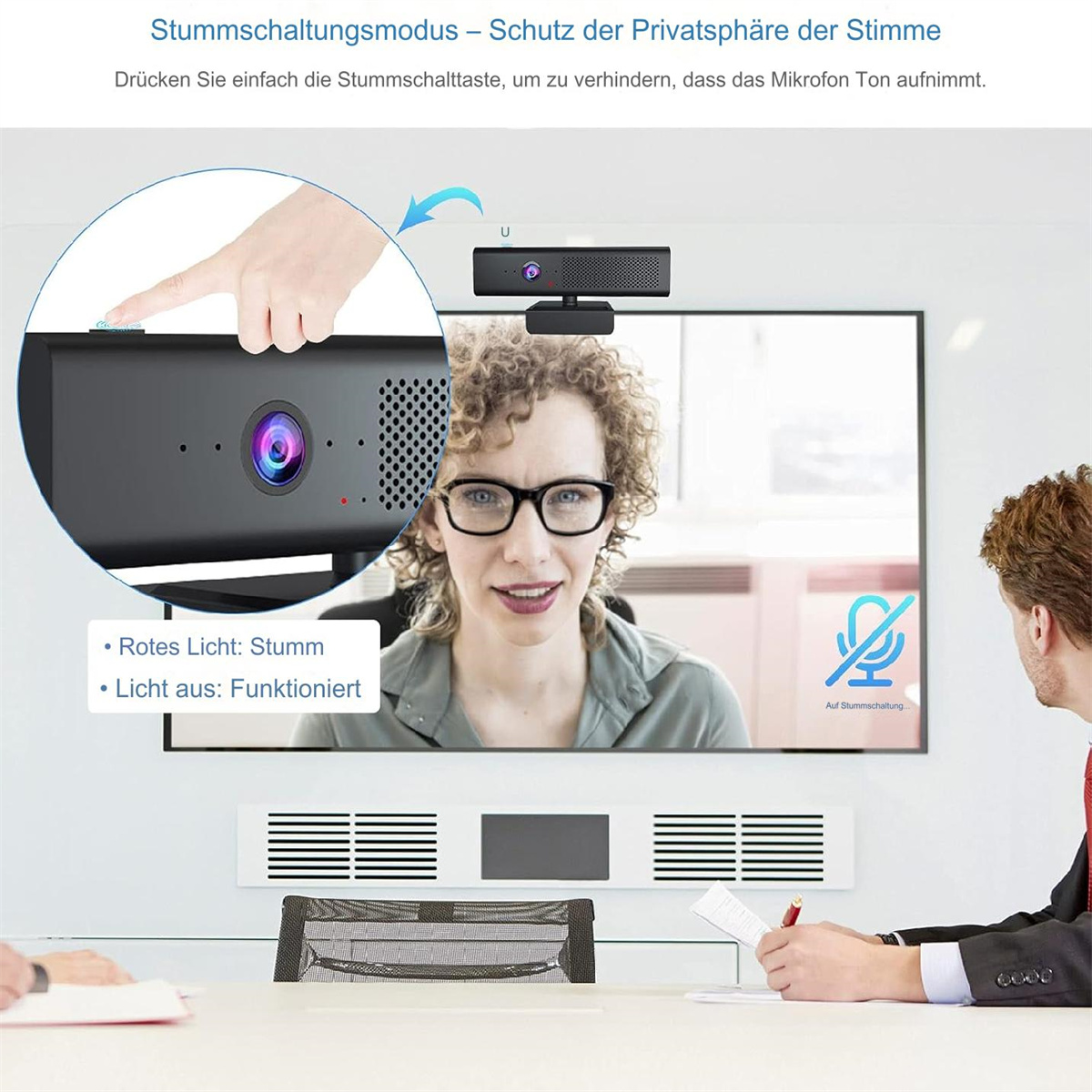 Eine Person zeigt auf eine Webcam und zeigt eine Frau auf dem Bildschirm. Text erklärt den Stummmodus.