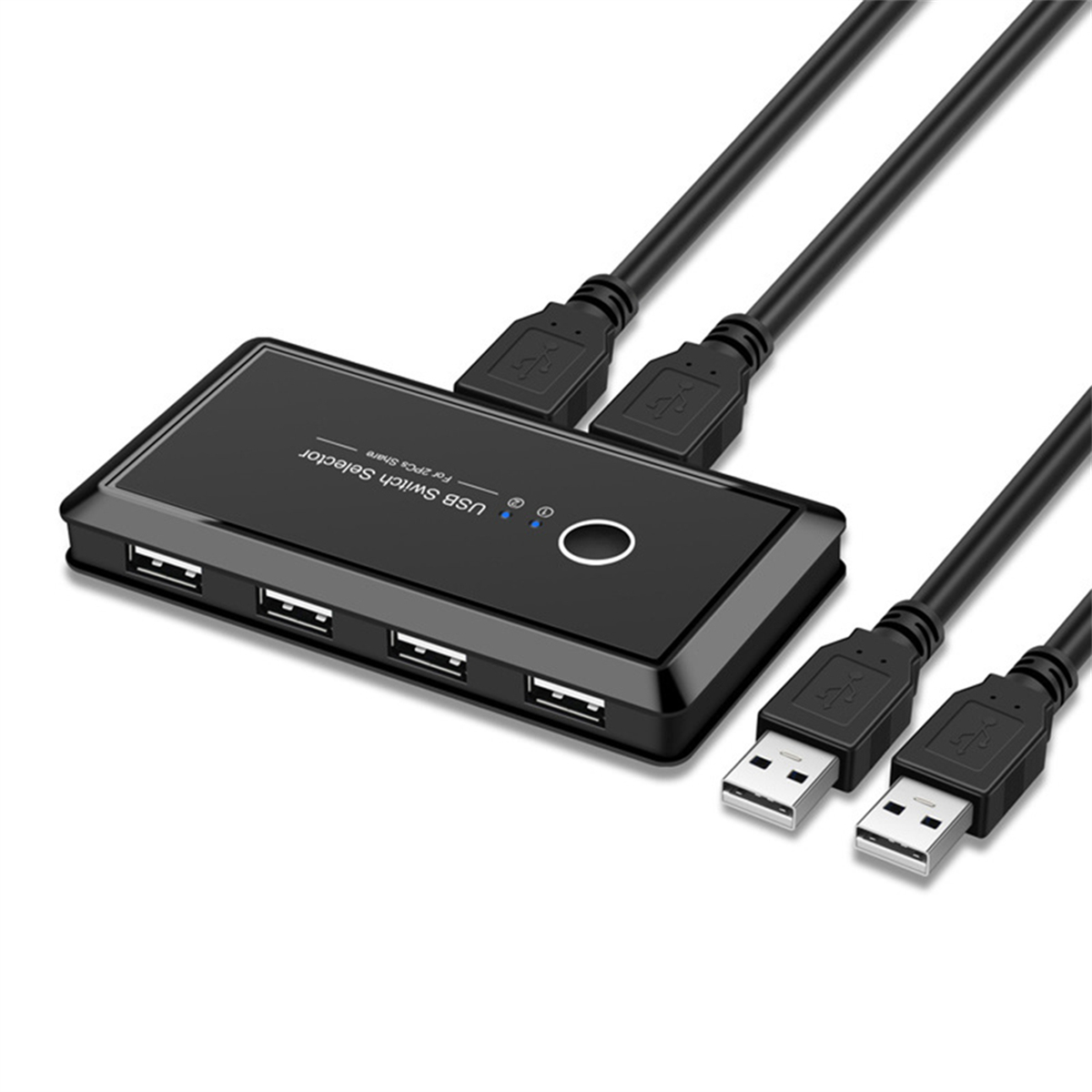 Schwarzer USB-Switch-Selektor mit 4 USB-Anschlüssen und drei angeschlossenen USB-Kabeln.