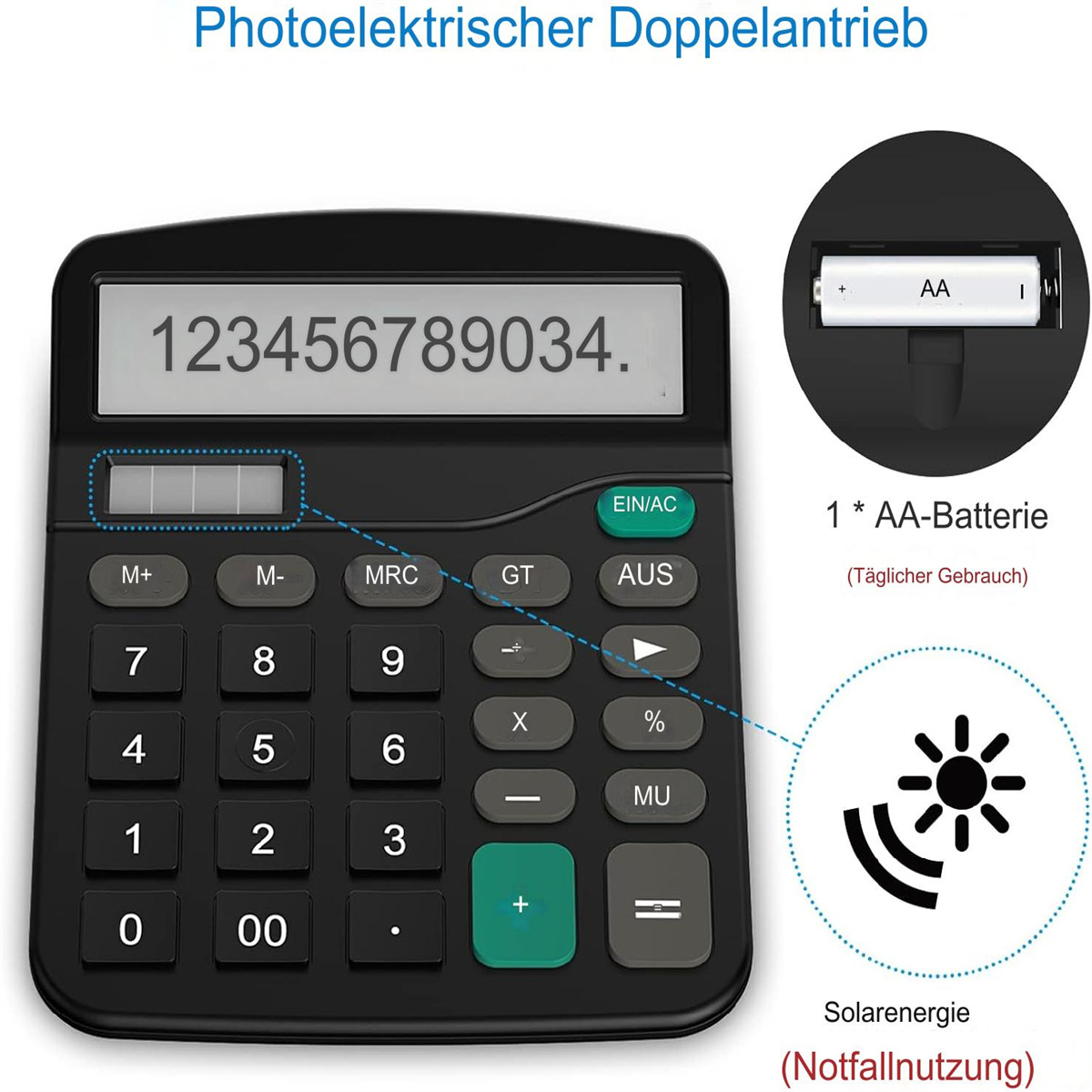 Ein Taschenrechner mit einer Anzeige, die Zahlen zeigt, sowie ein Batterie- und Solarpanel-Diagramm.