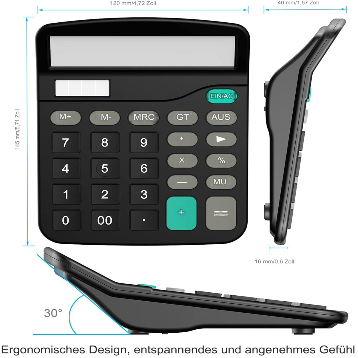 Ein schwarzer Taschenrechner mit weißen Tasten und einer grünen Plus-Taste, mit Abmessungen.