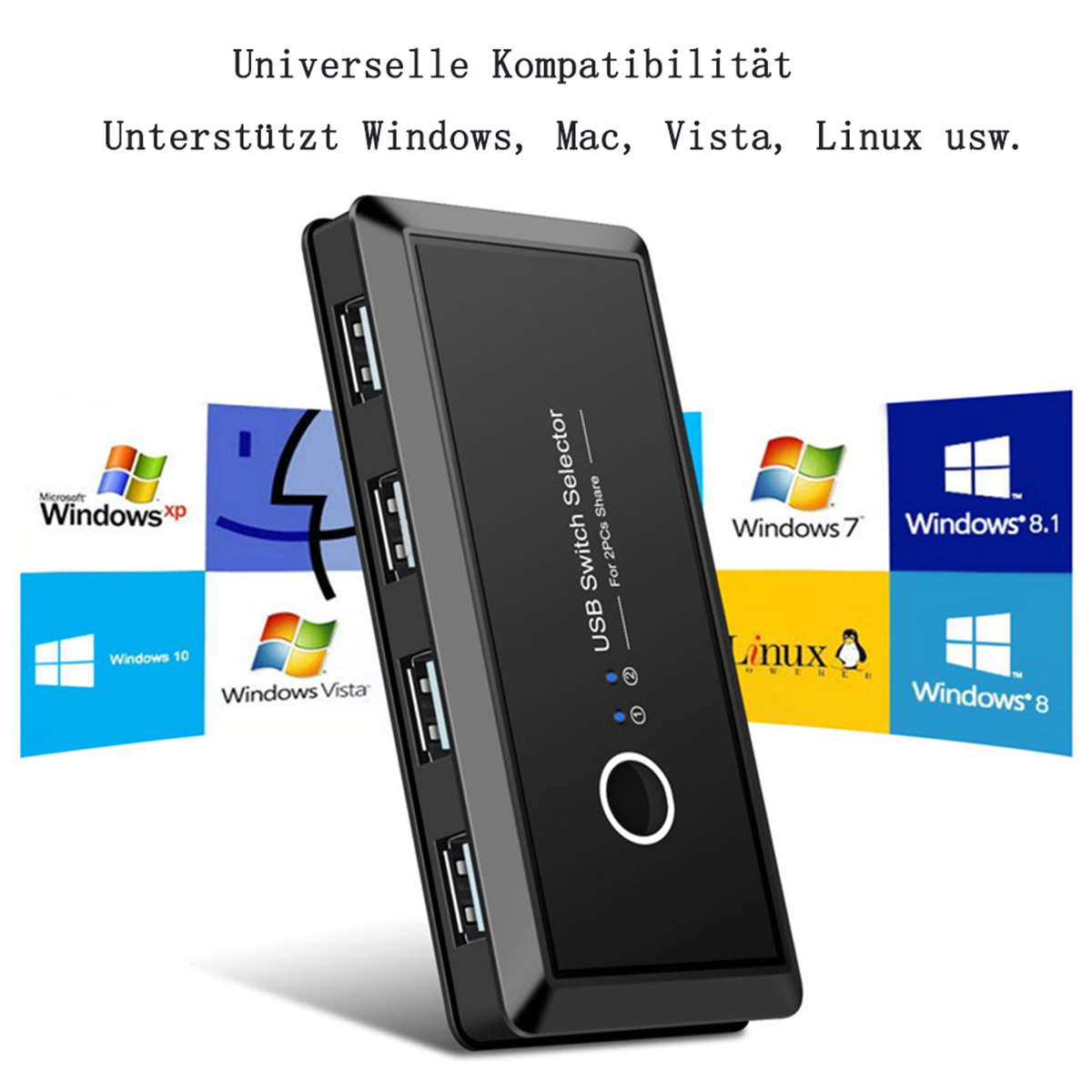 Schwarzer USB-Switch-Selektor mit mehreren USB-Anschlüssen und Kompatibilitäts-Icons für verschiedene Betriebssysteme.