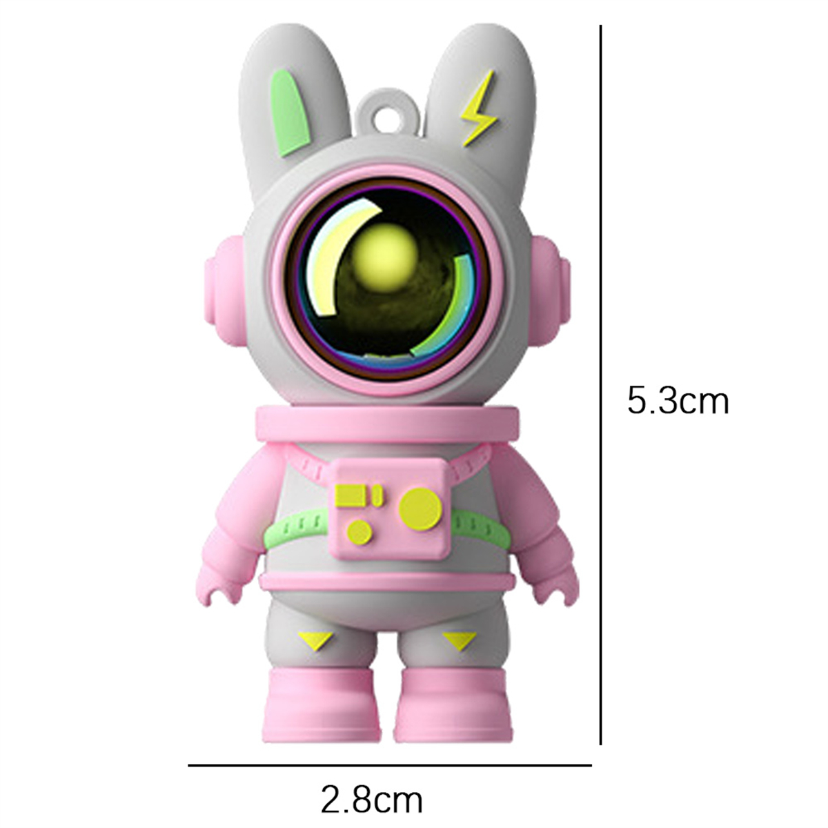 Eine Cartoon-Astronaut-Kaninchenfigur, rosa und grau, mit rundem Visier und Blitz.