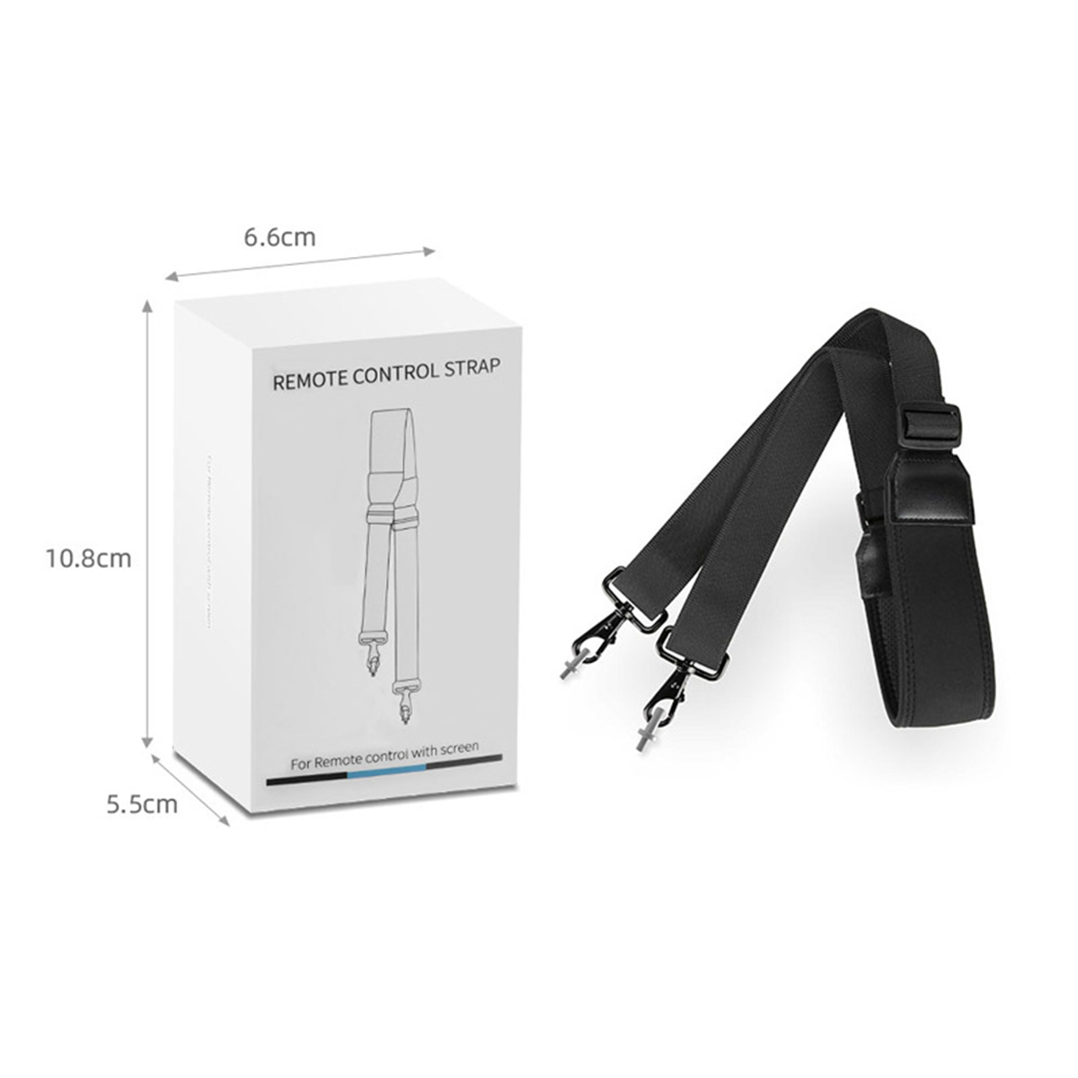 Schwarzer Gurt mit Clips und eine weiße Box mit 'Remote Control Strap'.