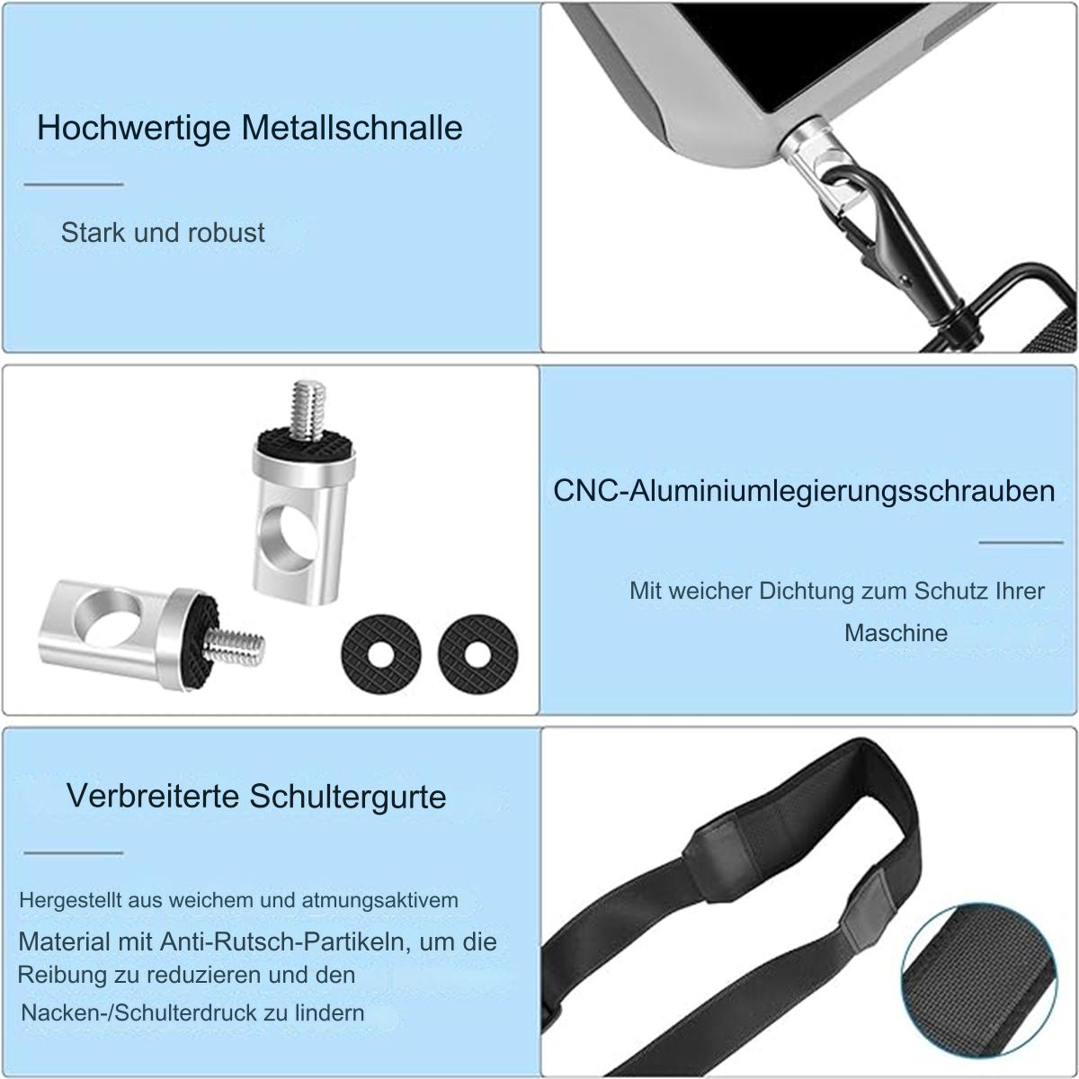 Bild mit Metallschnalle, Montageschrauben und Schultergurt, alles schwarz und silber.