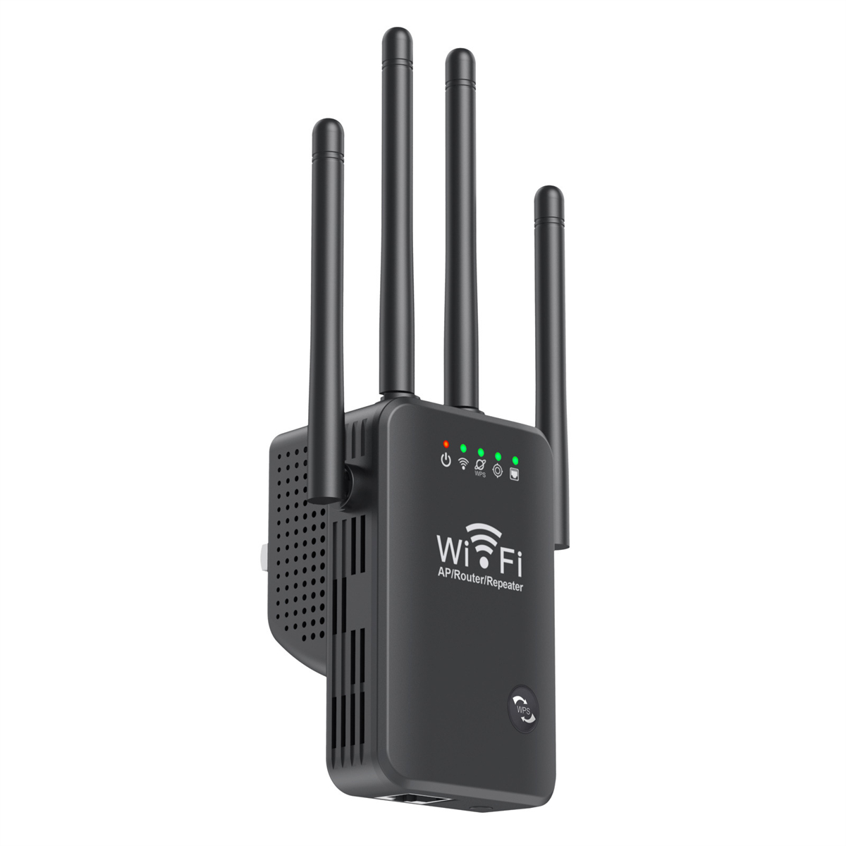 Schwarzer WiFi AP/Router/Repeater mit Antennen auf weißem Hintergrund.