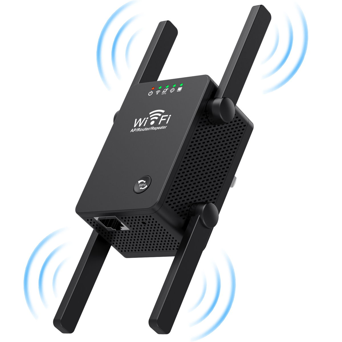 Schwarzer WLAN-Repeater mit Antennen. Es zeigt blaue Wellenlinien und hat verschiedene Lichter und Anschlüsse.