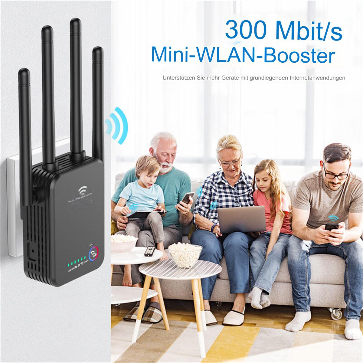 Schwarzer WLAN-Repeater in der Wand, Familie nutzt Geräte in der Nähe.
