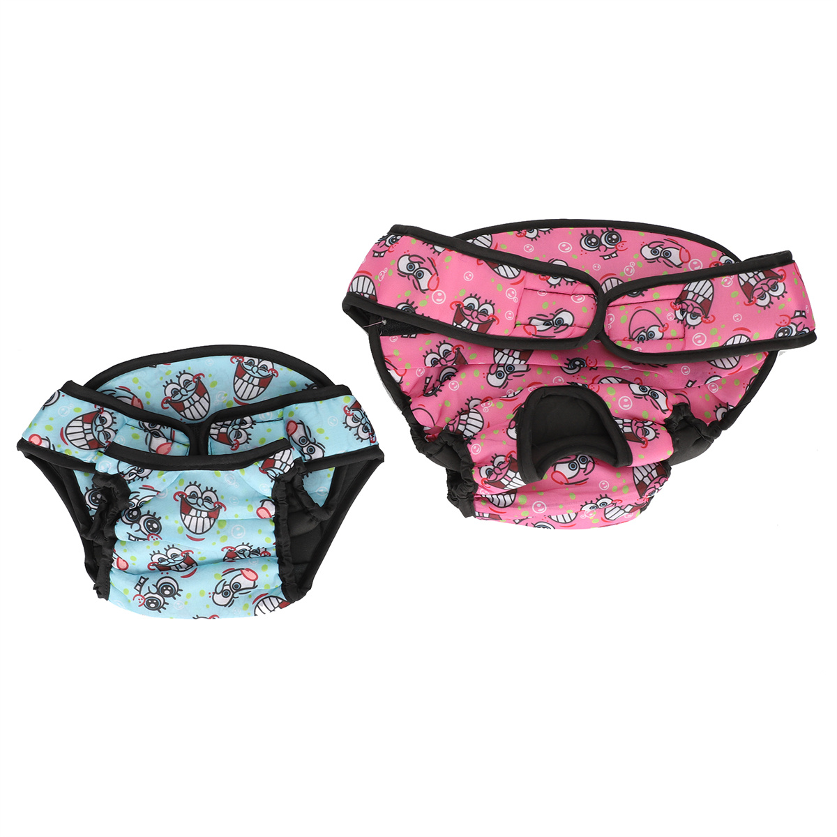 Zwei Babywindeln mit Cartoon-Designs, eine blaue, eine rosa.