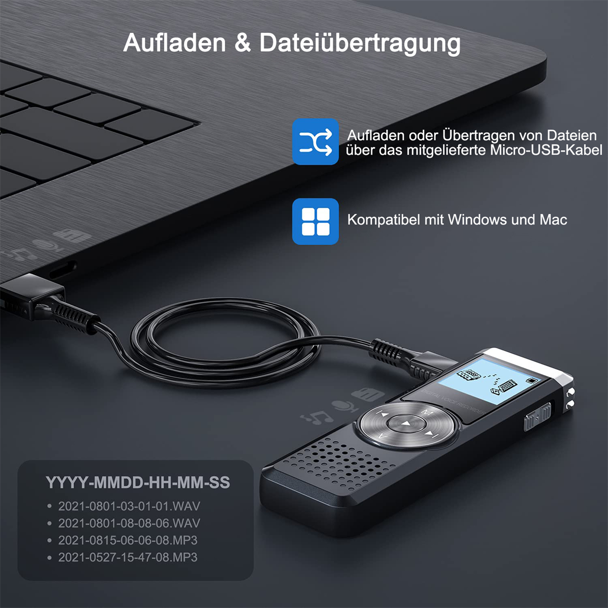 Schwarzes digitales Diktiergerät, das über USB mit einem Laptop verbunden ist. Text und Symbole sind auf dem Gerät.
