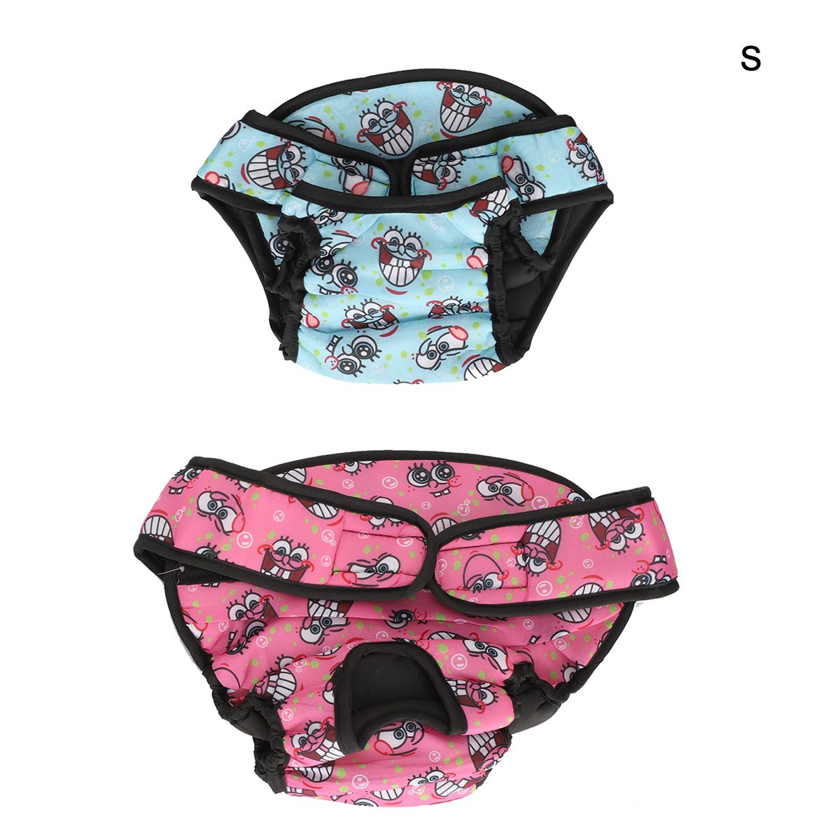 Zwei Hunde Windeln mit Cartoon-Gesichtern, blau und rosa. Oben steht S.