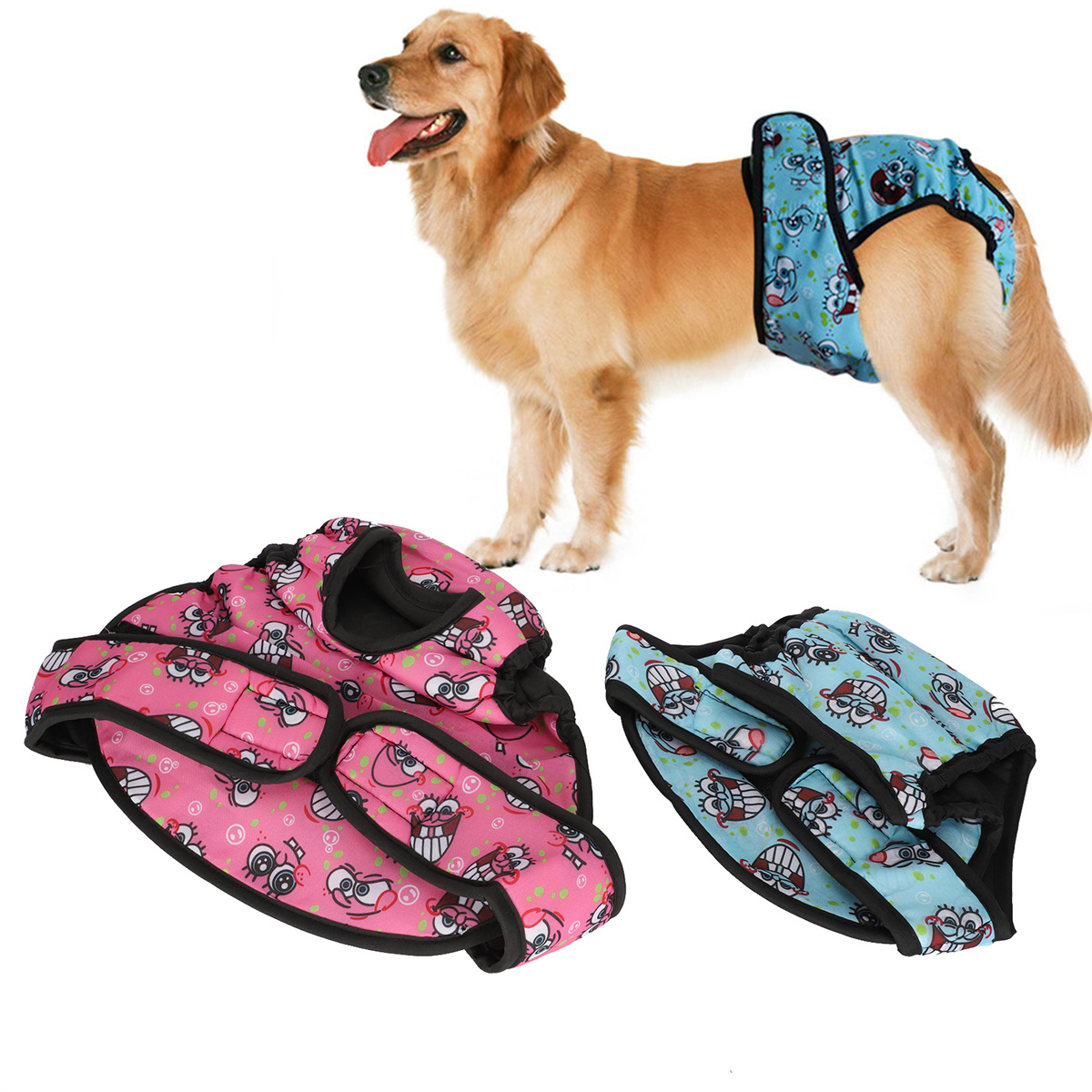 Goldener Retriever-Hund mit blauer Windel. Zwei gemusterte Windeln liegen daneben.