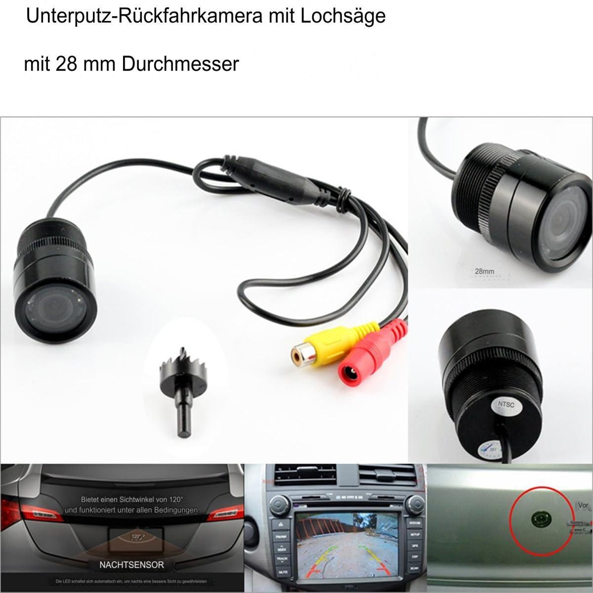 Rückfahrkamera mit Kabeln, Bohrer und Anschlüssen. Das Bild zeigt Rückansicht des Autos und Monitorbildschirme.