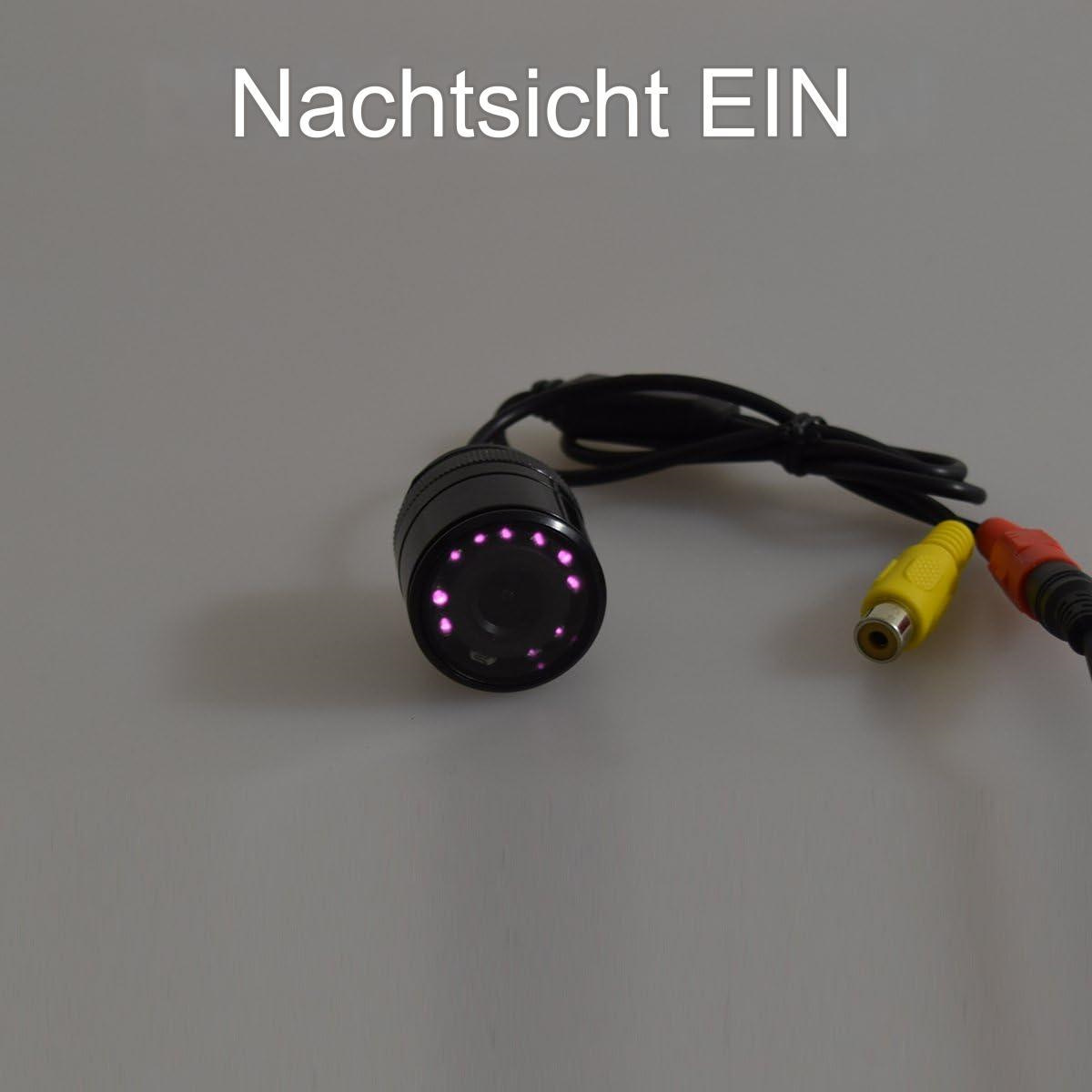 Schwarze Nachtsichtkamera mit pinkfarbenen Lichtern. Zwei Anschlüsse sind angebracht.