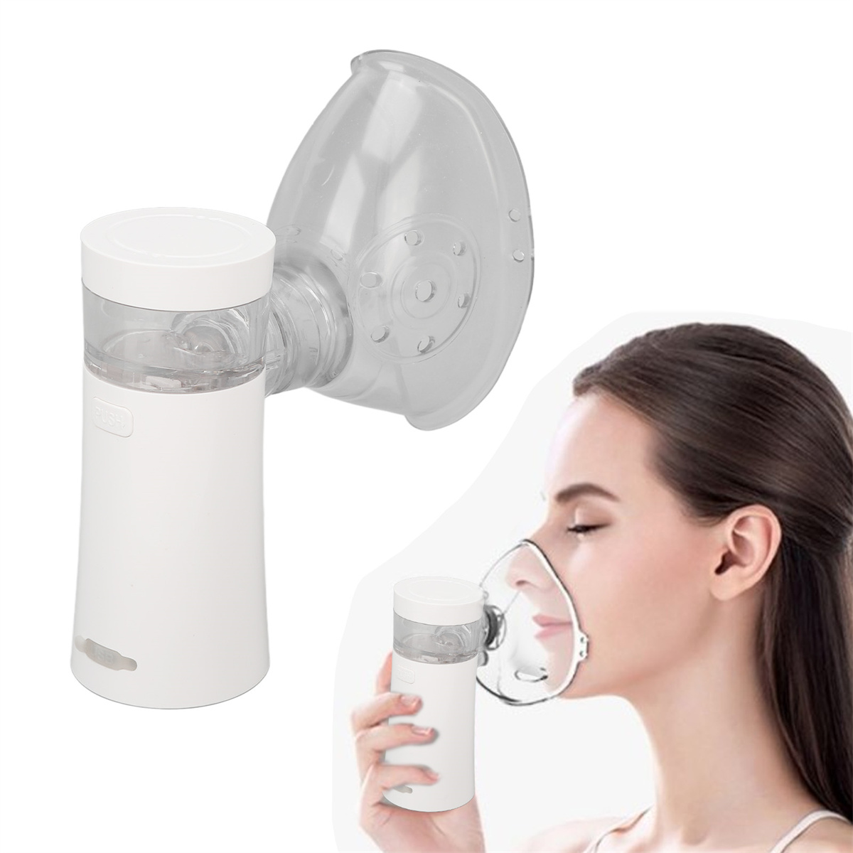 Eine Frau benutzt einen weißen Vernebler mit einer Maske. Die Maske ist mit dem Vernebler verbunden.