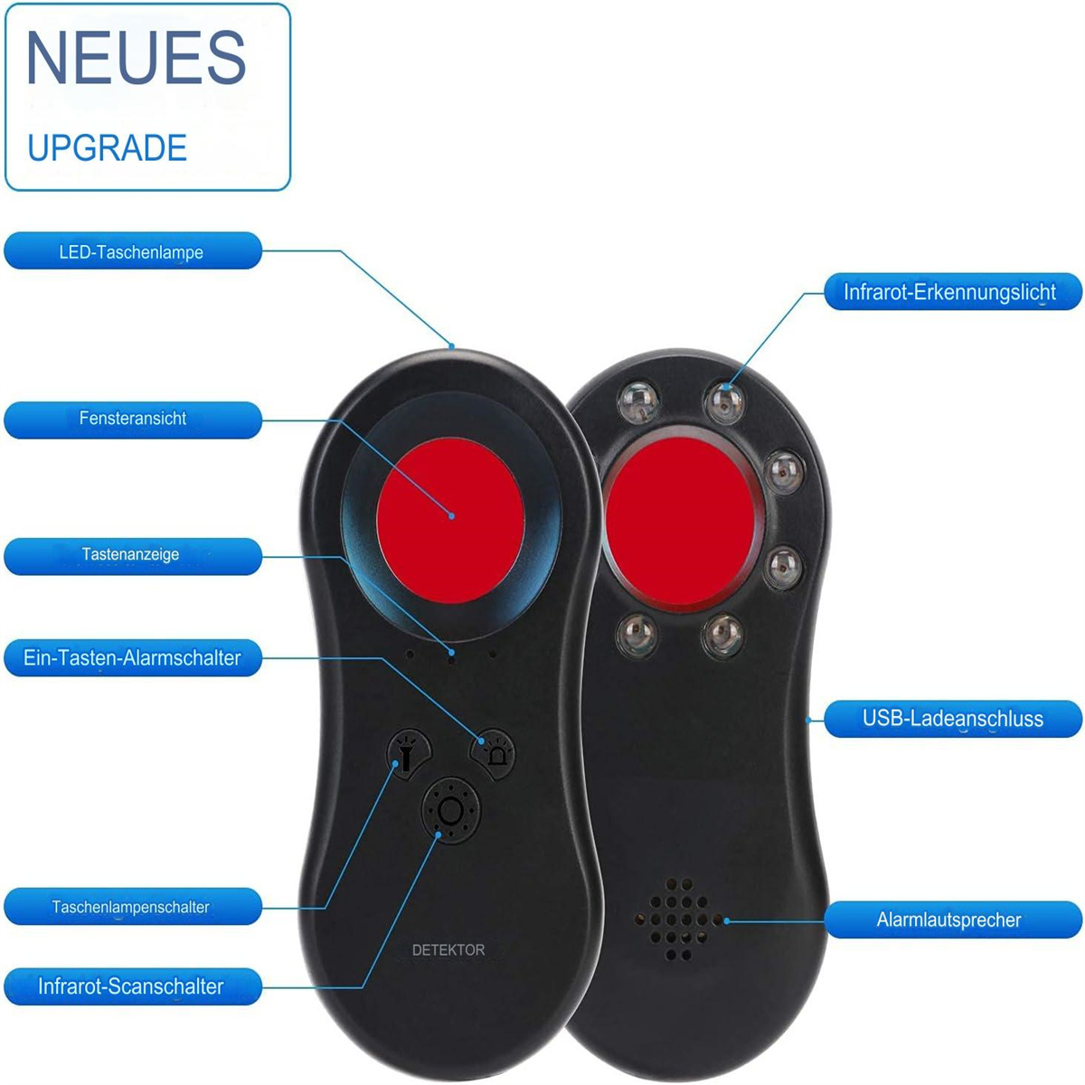 Zwei schwarze Wanzen-Detektoren mit deutschen Beschriftungen. Roter Kreis in der Mitte. Verschiedene Knopfbeschriftungen.