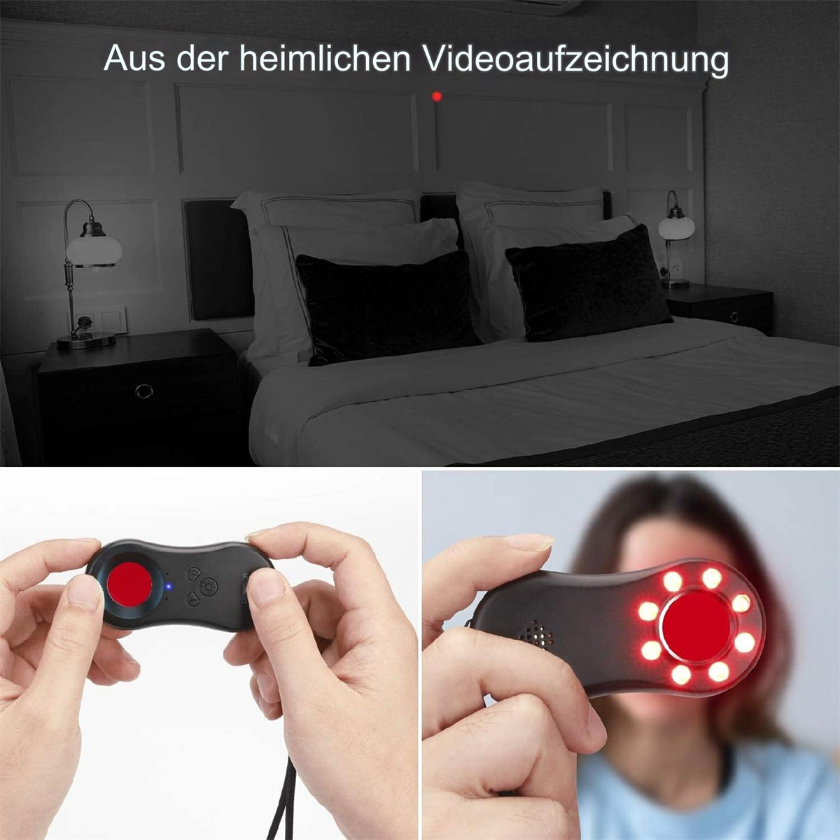 Gerät mit rotem Licht wird gehalten. Verschwommener Schlafzimmerhintergrund mit Bett und Lampen.