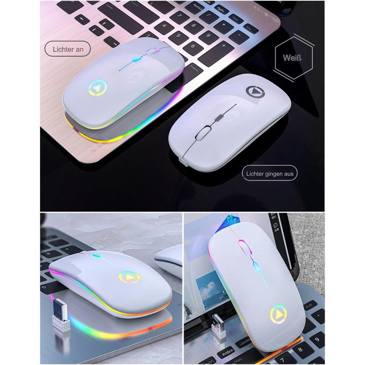 Zwei weiße Computermäuse mit RGB-Beleuchtung auf einem Laptop und einer Tabletoberfläche.