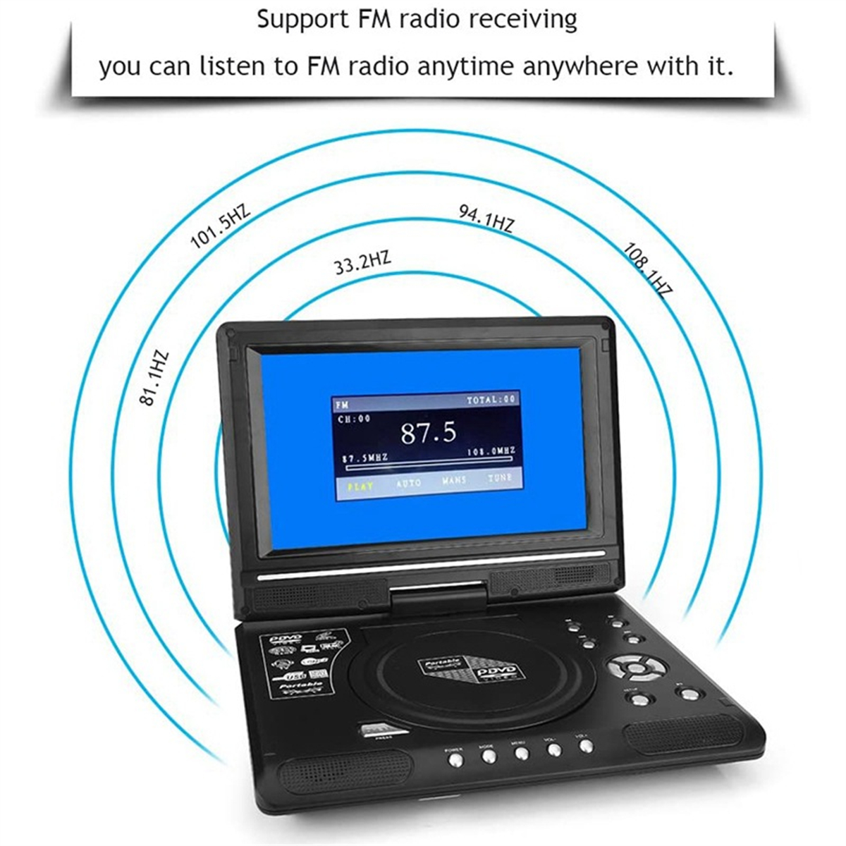 Schwarzer tragbarer DVD-Player mit einem Bildschirm, der Frequenzwellen anzeigt. Text sagt, dass er UKW-Radio unterstützt.