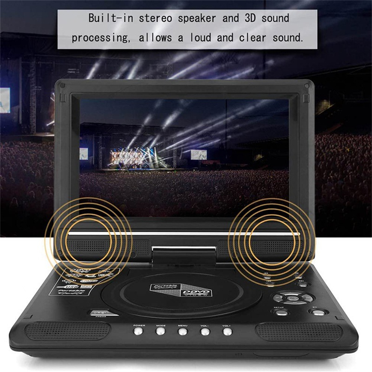 Ein tragbarer schwarzer DVD-Player, der ein Konzert auf seinem Bildschirm anzeigt.