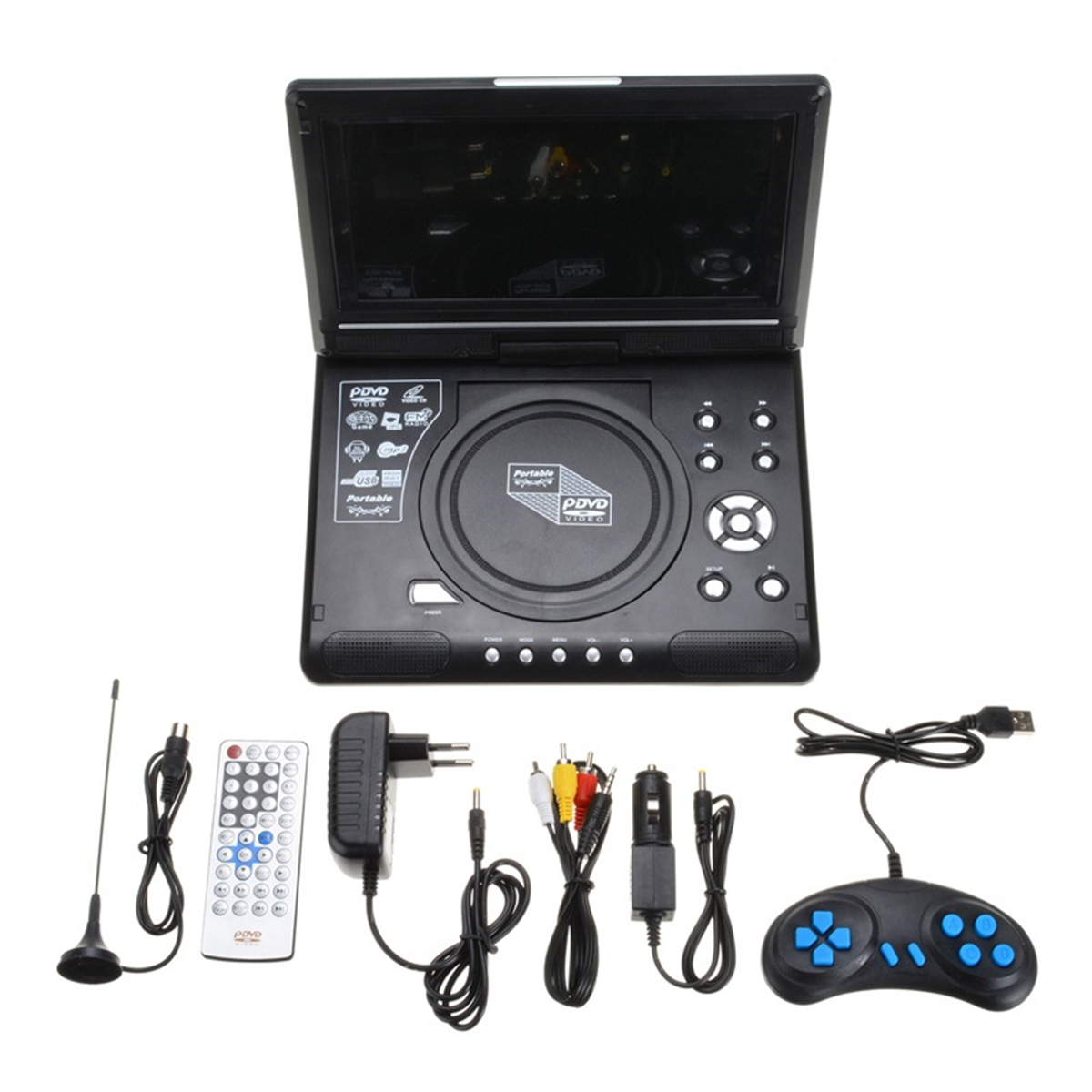 Schwarzer tragbarer DVD-Player mit Bildschirm, Knöpfen und mitgeliefertem Zubehör.
