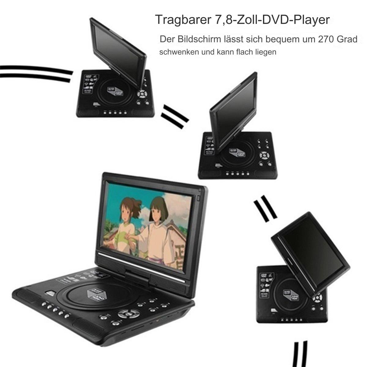 Tragbarer DVD-Player, der Bildschirmwinkel zeigt, mit einem Cartoon-Bild auf dem Bildschirm.