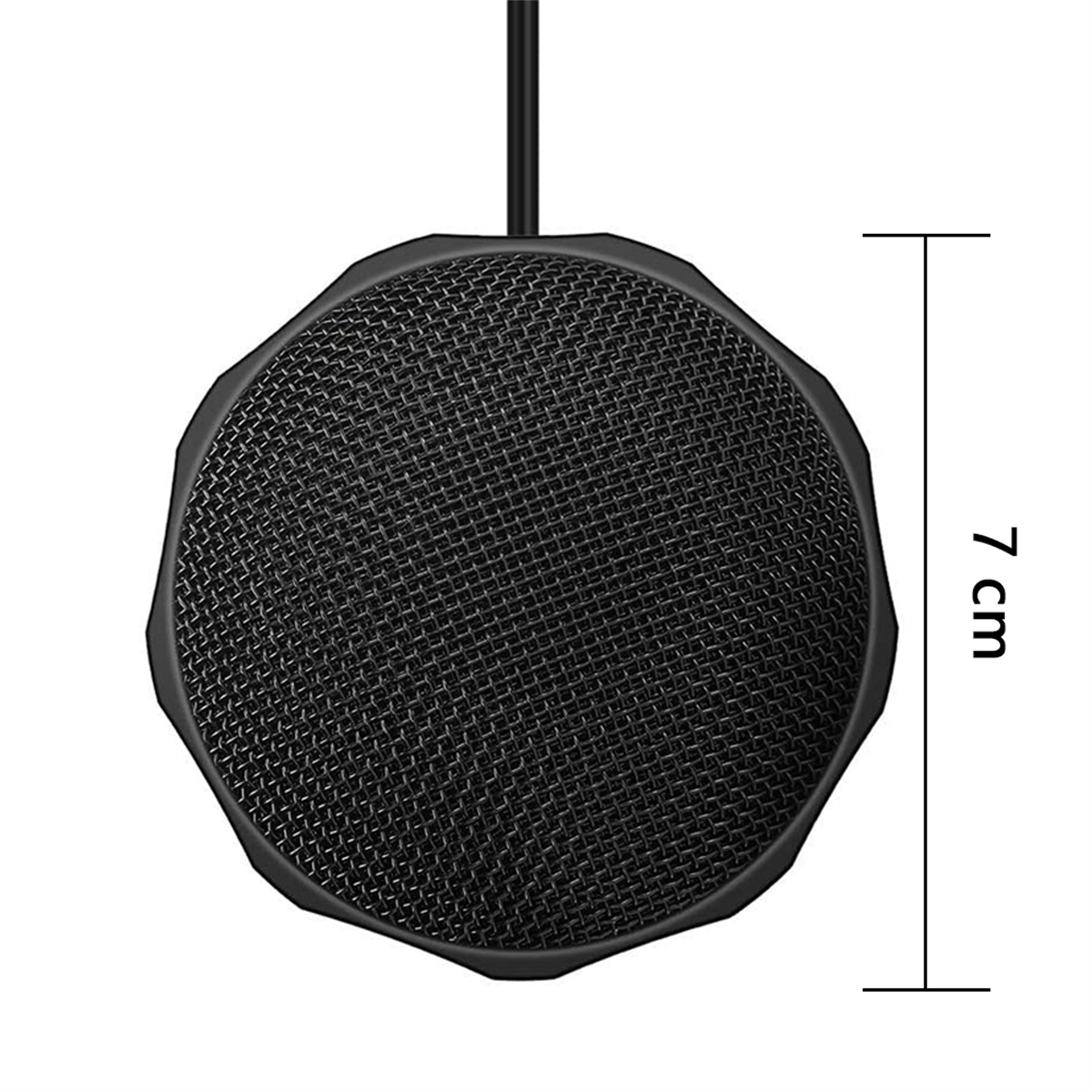 Ein schwarzes Mikrofon mit einem Mesh-Top und einer 7 cm Messung daneben.