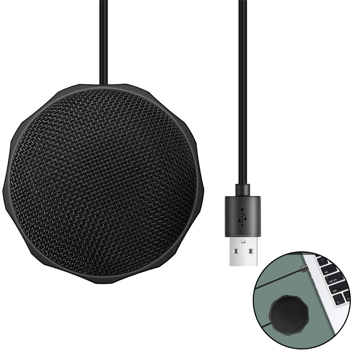 Ein schwarzes, rundes Mikrofon mit USB-Kabel. Nahaufnahme zeigt den Anschluss an einen Laptop.