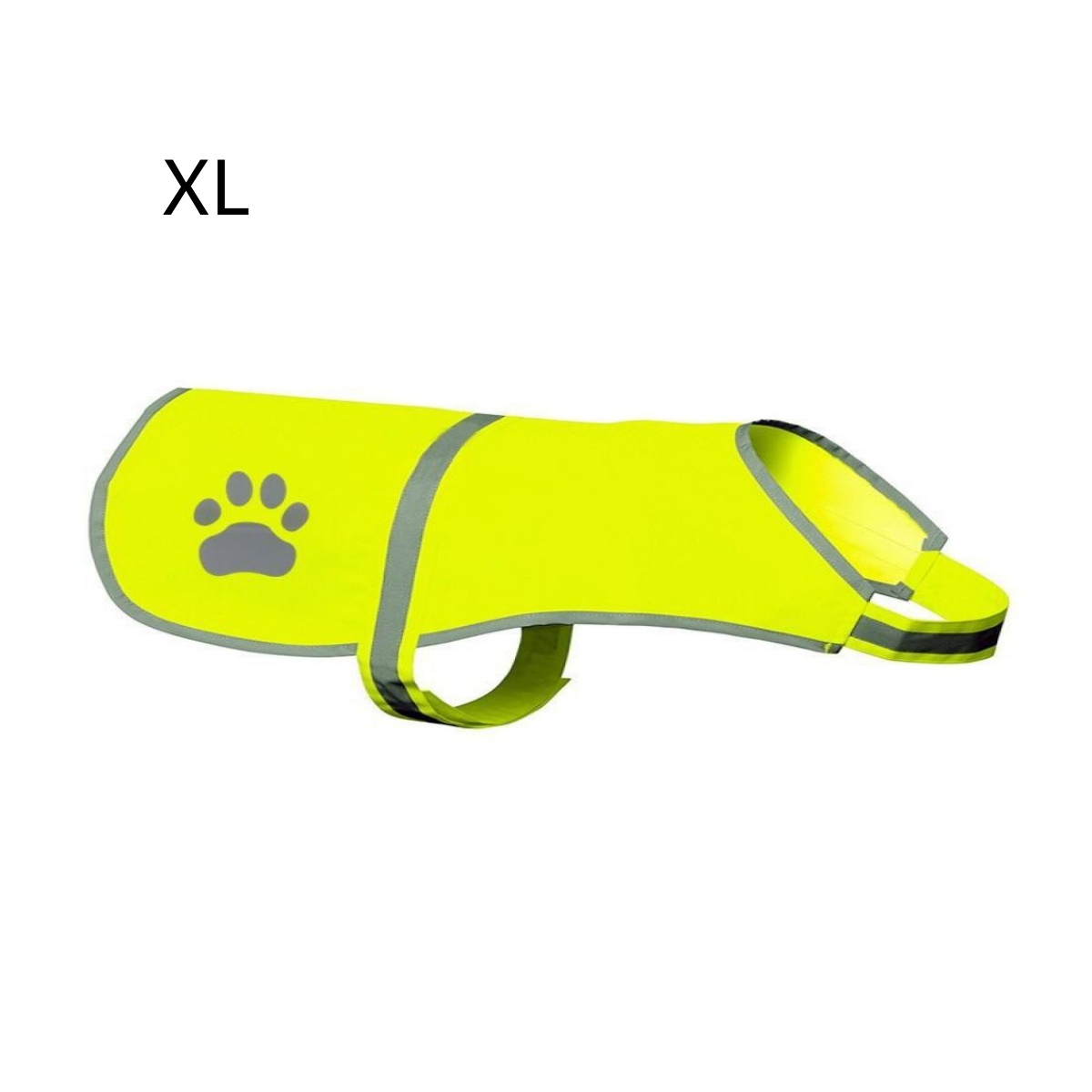 Gelbe Hunde-Weste mit Pfotenabdruck und XL-Text, mit reflektierenden Streifen.