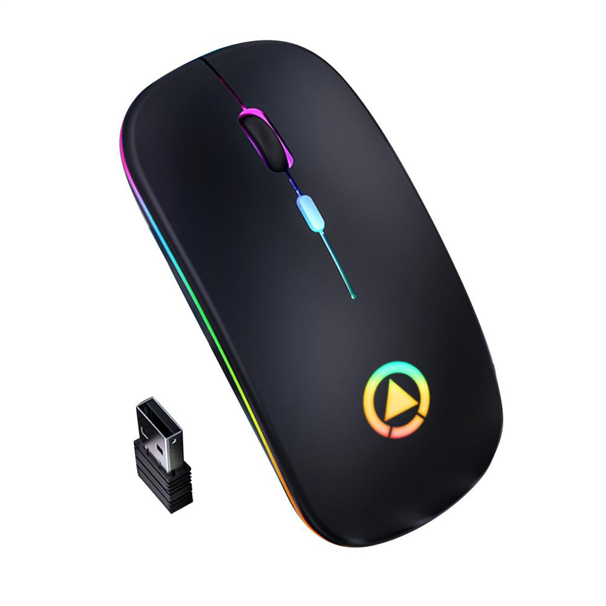 Eine schwarze kabellose Maus mit RGB-Beleuchtung und einem USB-Empfänger. Sie hat eine Play-Taste.