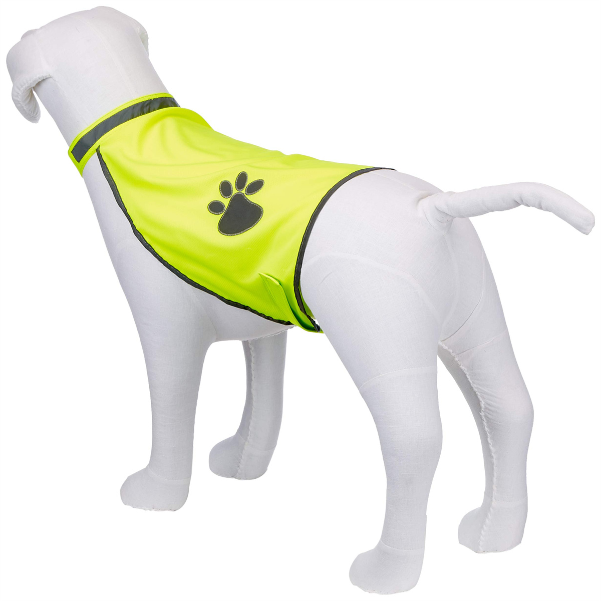 Weiße Hunde-Mannequin mit neongelber Sicherheitsweste. Ein schwarzer Pfotenabdruck ist auf der Weste.