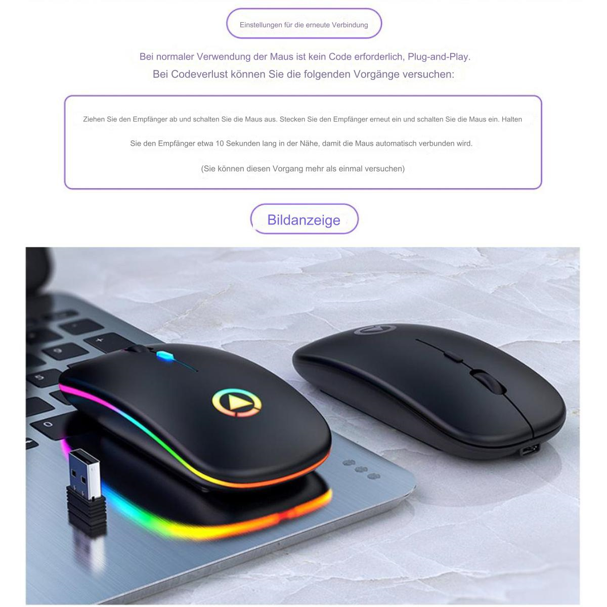 Zwei schwarze Computer-Mäuse mit einem USB-Empfänger. Eine Maus leuchtet in mehreren Farben.
