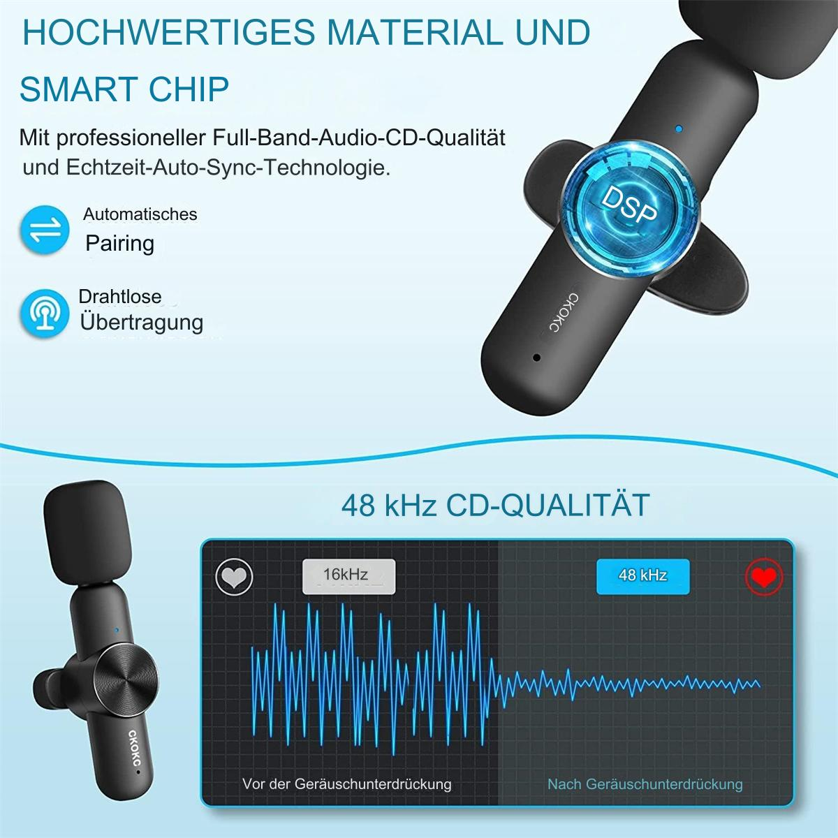 Schwarze kabellose Ohrhörer mit digitalem Bildschirm, der Schallwellen zeigt.