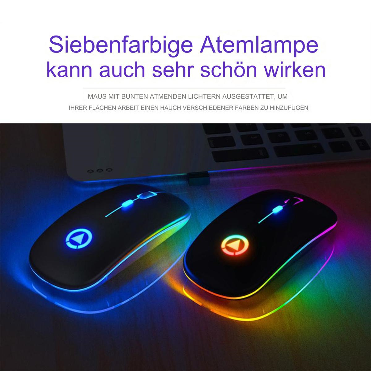 Zwei kabellose Mäuse mit bunten Lichtern. Text auf Deutsch ist sichtbar. Schwarzer Hintergrund.