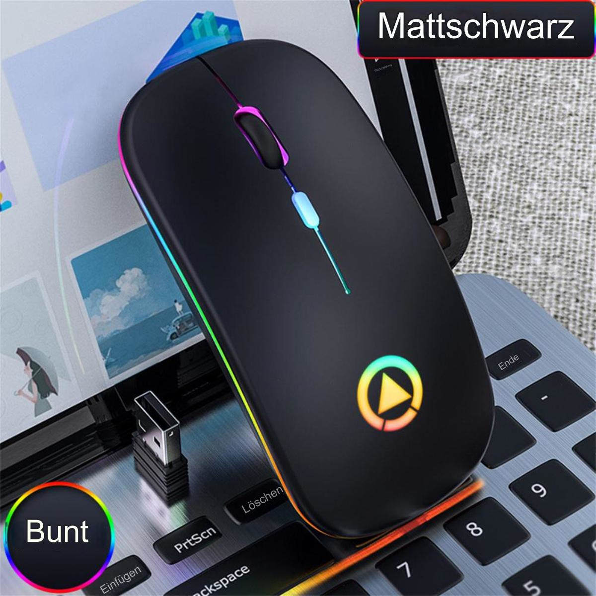 Eine schwarze Maus auf einer Tastatur, mit den Wörtern "Bunt" und "Mattschwarz".
