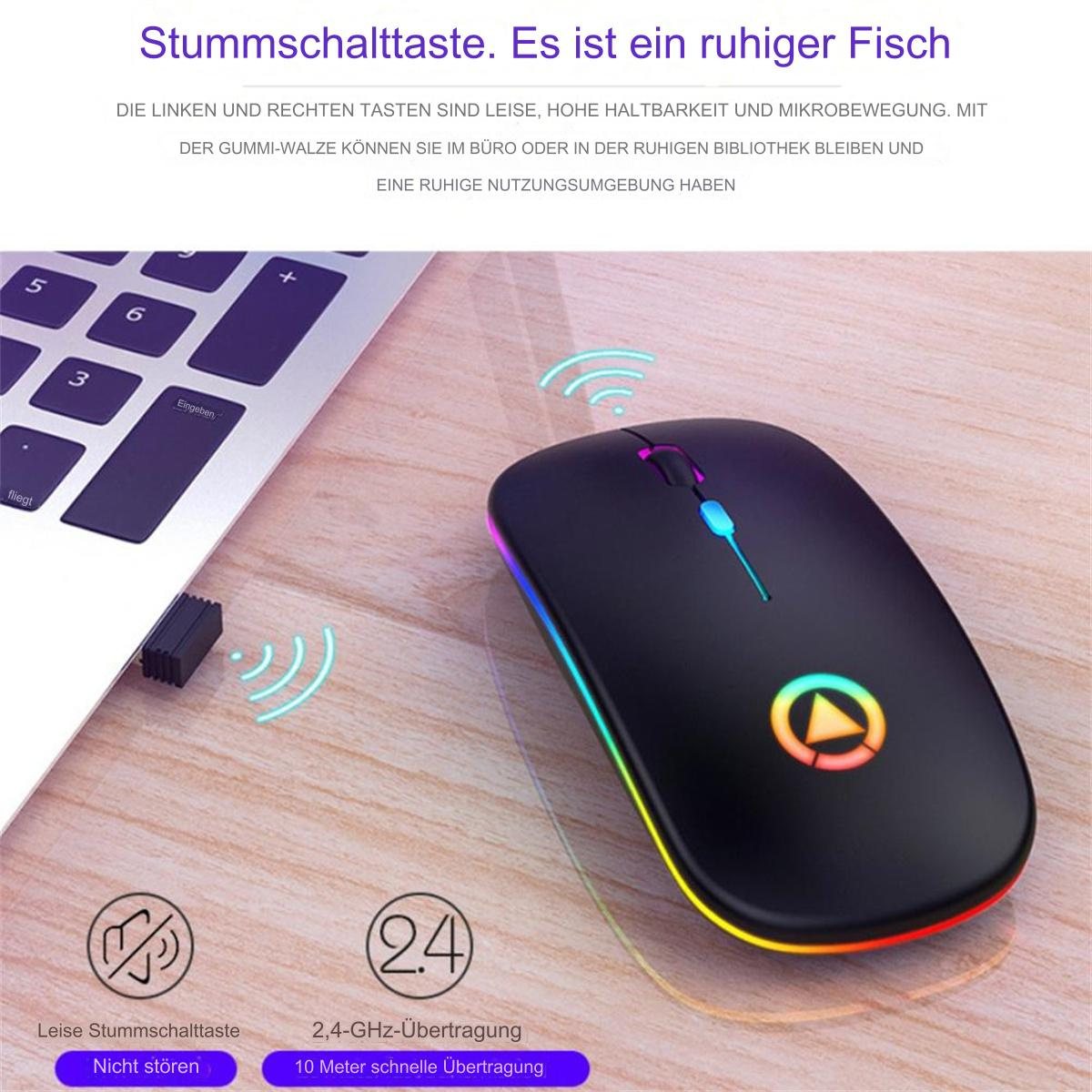 Eine schwarze Computermaus mit einem Regenbogen-Lichtstreifen. Eine Tastatur ist ebenfalls im Bild.