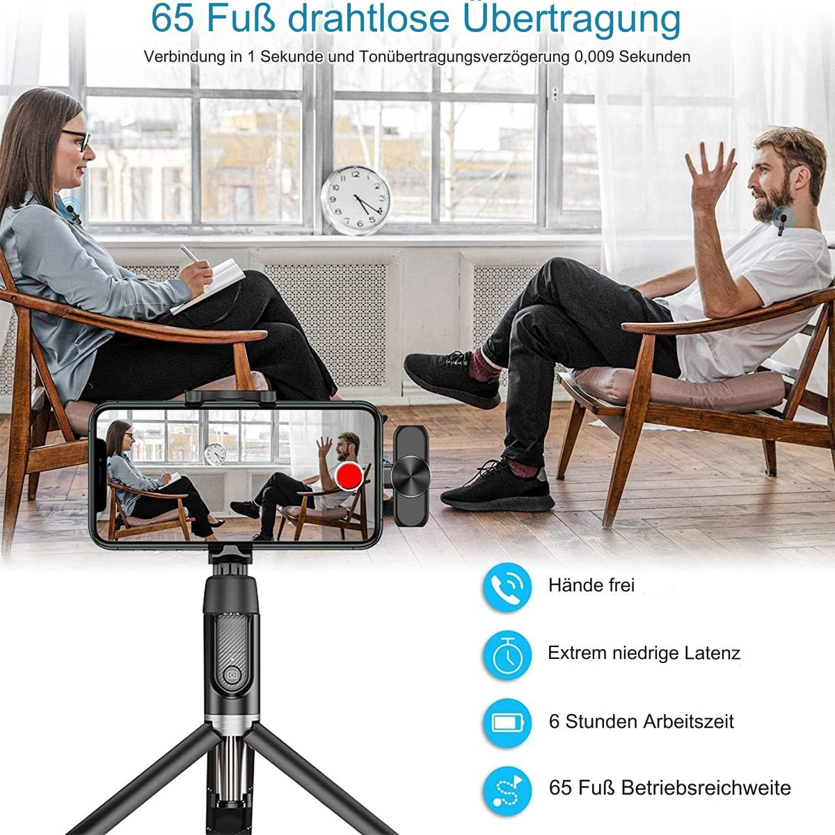 Personen nutzen ein Telefon auf einem Stativ, zeigt Funktionen: Freisprechen, geringe Latenz, 6h Akku.