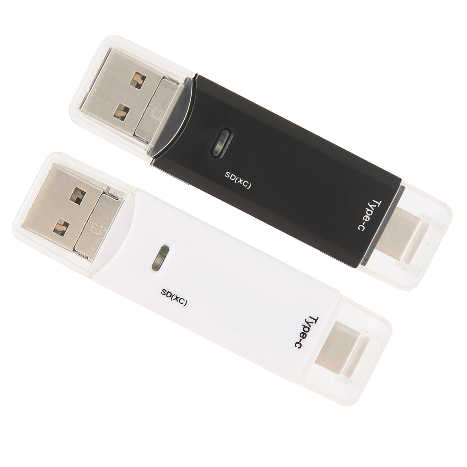 Zwei SD-Kartenleser, einer weiß und einer schwarz, mit USB-C- und USB-Anschlüssen.