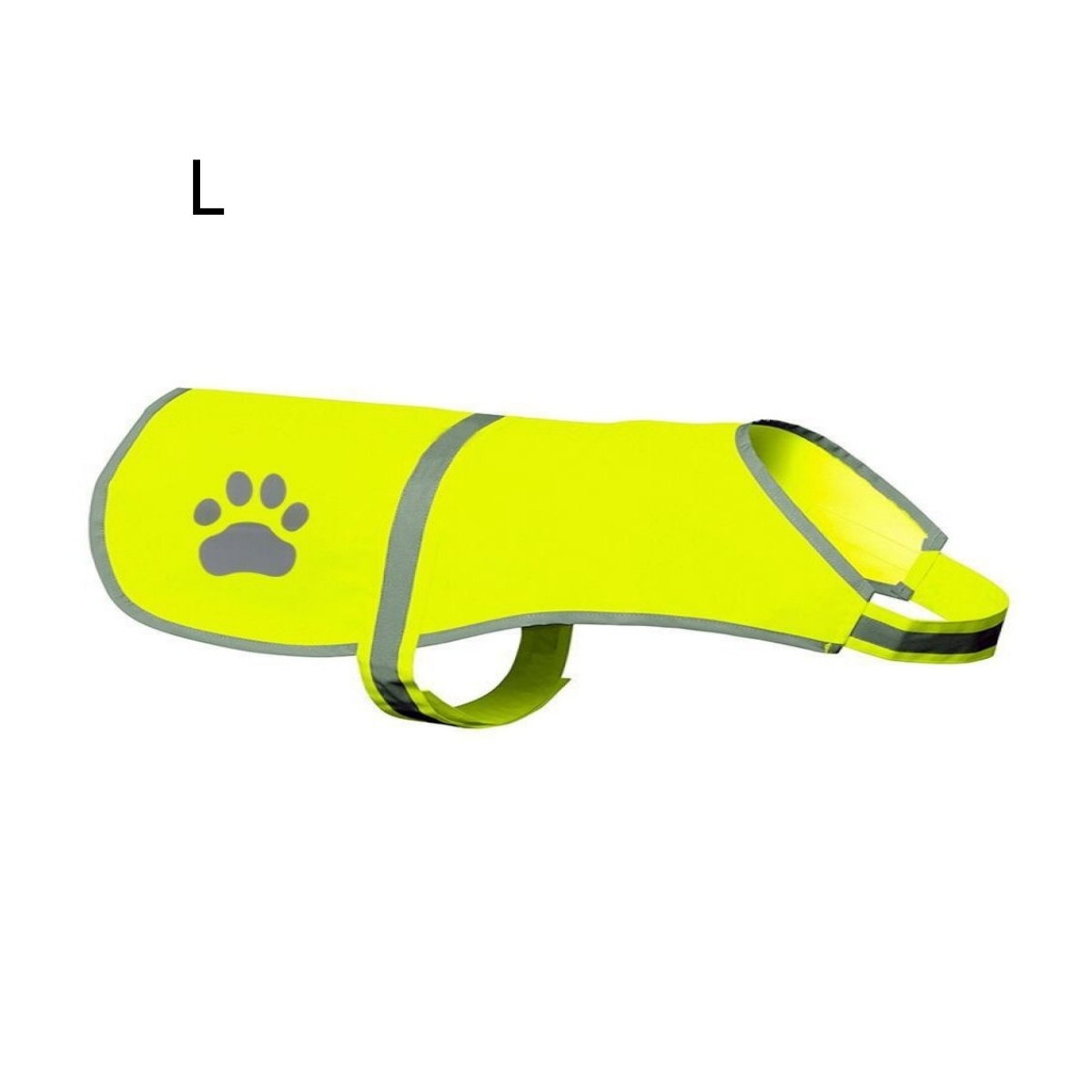 Eine gelbe Hunde-Sicherheitsweste mit Pfotenabdruck, mit reflektierenden Streifen und dem Buchstaben 'L'.