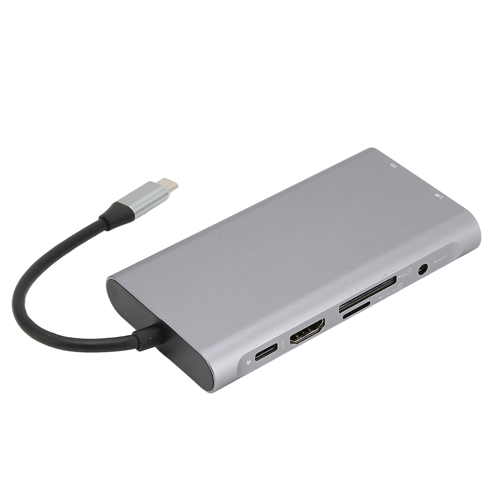 Silberner USB-C-Hub mit mehreren Anschlüssen. Schwarzes Kabel angeschlossen. Weißer Hintergrund.