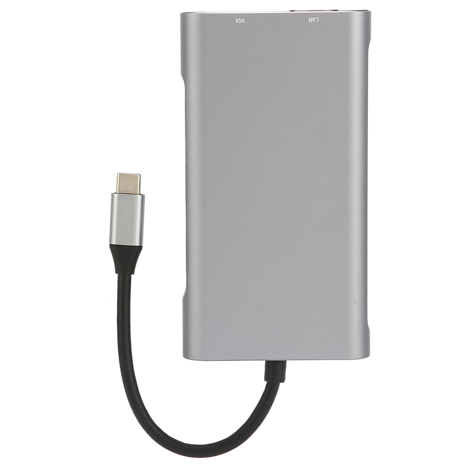 Grauer USB-C-Hub. VGA- und LAN-Anschlüsse beschriftet. Schwarzes Kabel.