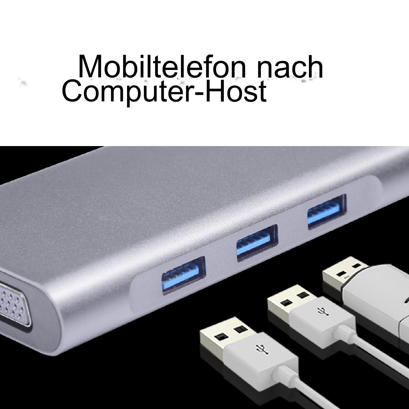 Silberner USB-Hub mit drei USB-Anschlüssen und drei USB-Kabeln mit USB-Anschlüssen.