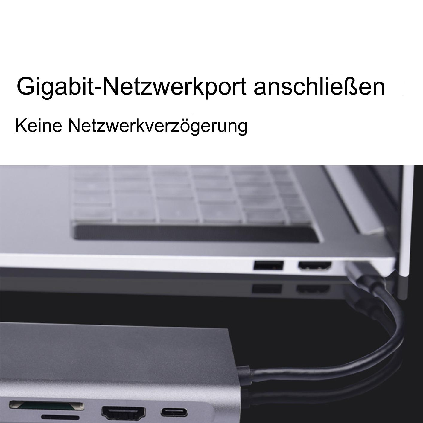 Laptop mit angeschlossenem USB-C-Hub. Der Hub hat mehrere Anschlüsse, darunter HDMI und USB.