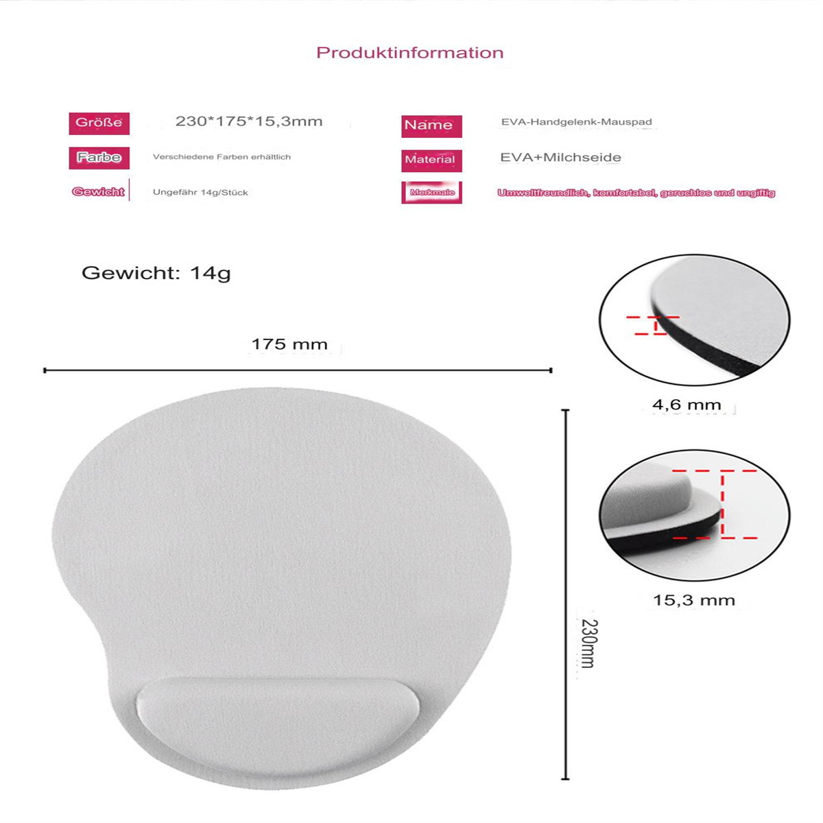 Weißes ergonomisches Mauspad mit Handgelenkauflage. Informationen zu Größe und Material gezeigt.