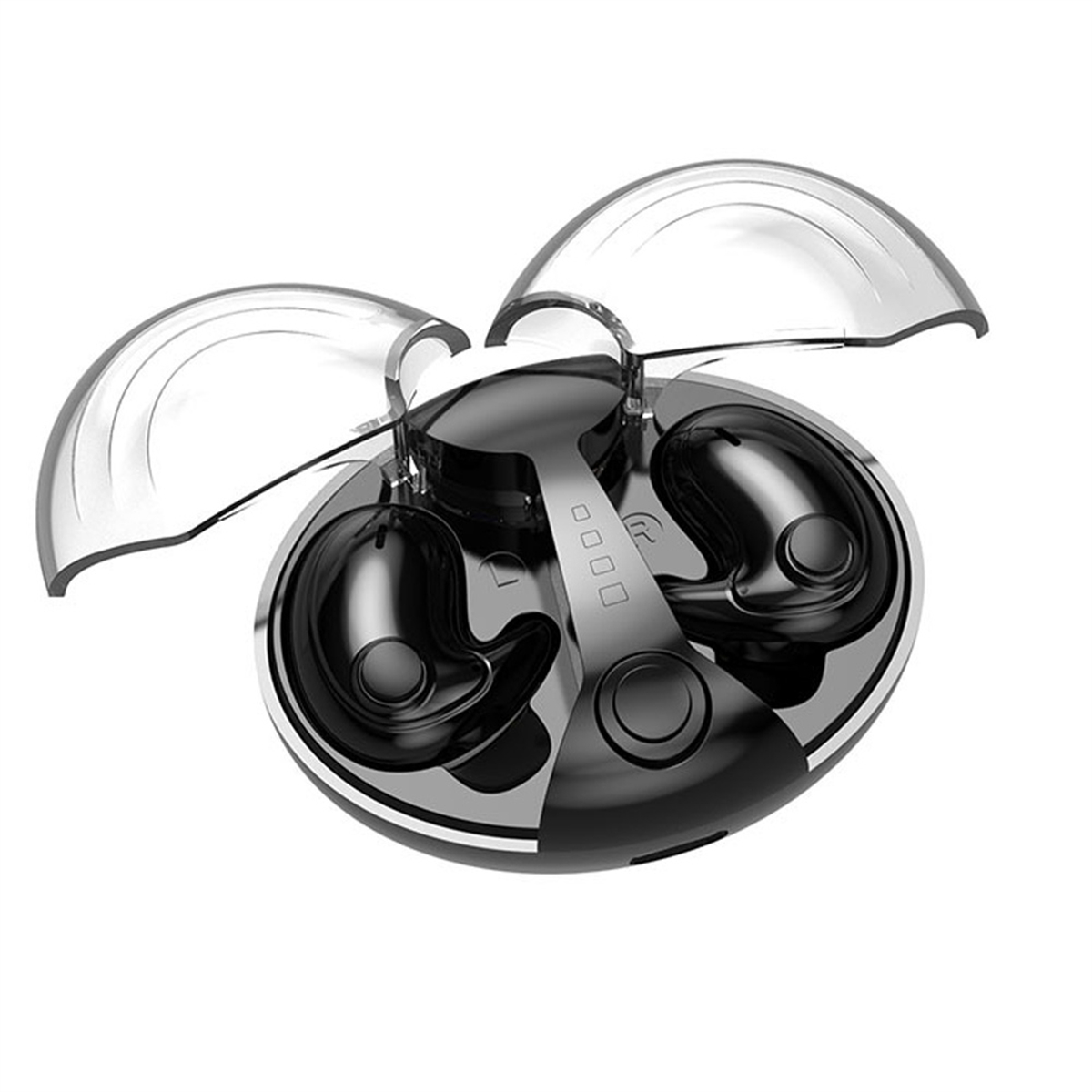 Kabelloses Ohrhörer-Etui mit geöffneten Deckeln und zwei Ohrhörern.