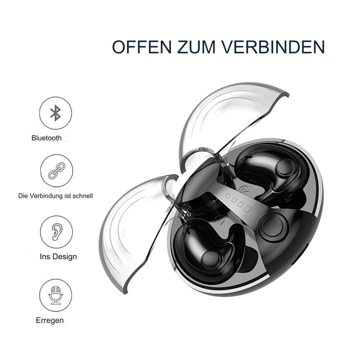 Schwarze Ohrhörer in einer transparenten Hülle, mit Bluetooth- und Verbindungssymbolen.